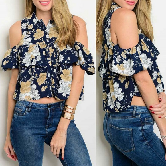 Cals Tops - Navy White Brown Floral Top {Cals}